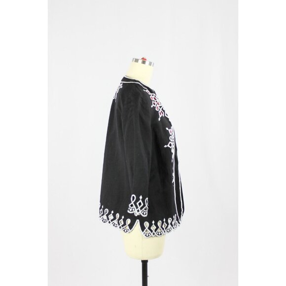 Vintage 00's BOB MACKIE Black Linen Rayon White Embroidered Open Jacket, Size XS - Picture 2 of 13